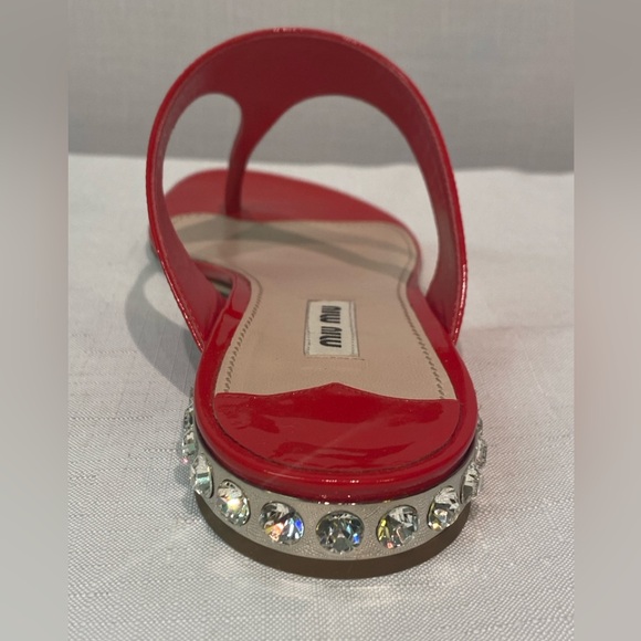 Miu Miu Thong Sandals Red Patent Leather  Metal & Rhinestone Low Heel 8.5B Italy - Picture 7 of 15